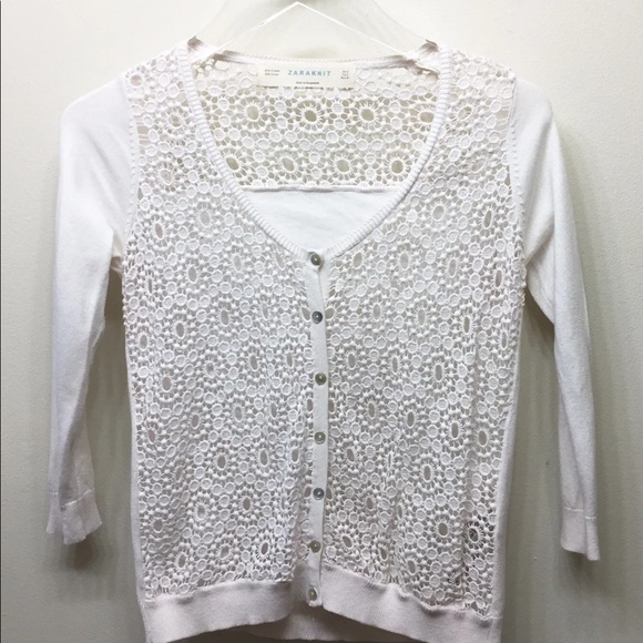 Zara Knit Button Down Lace Cardigan White Small - Picture 10 of 12